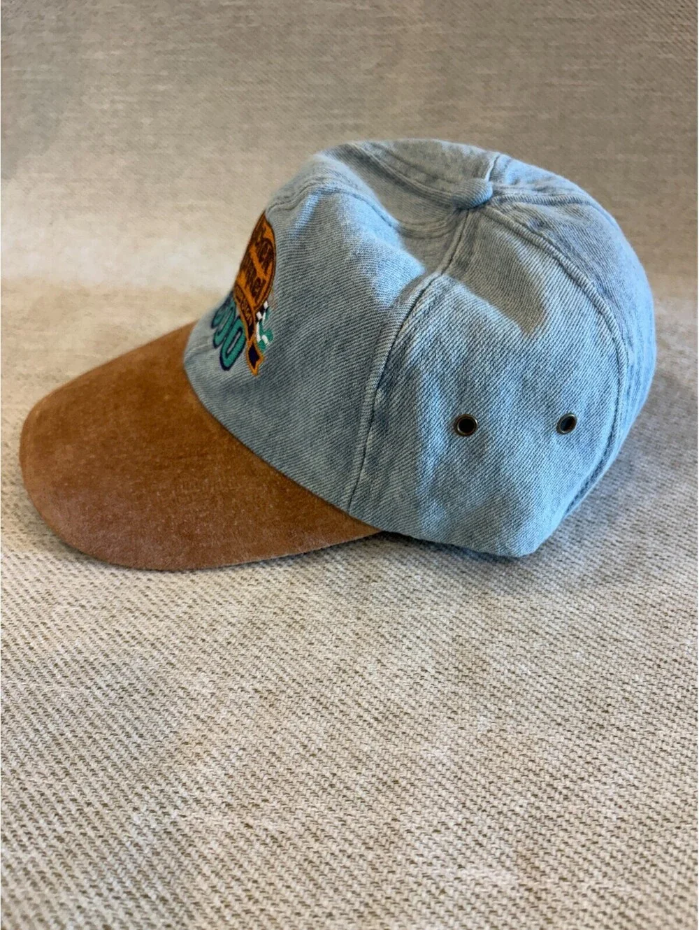 Vintage 90s Cracker Barrel 500 NASCAR Hat Washed Denim Suede Brim Strapback VTG